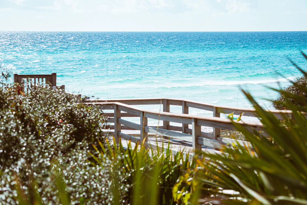 A timber boardwalk framed by coastal vegetation overlooking emerald water in Rosemary Beach